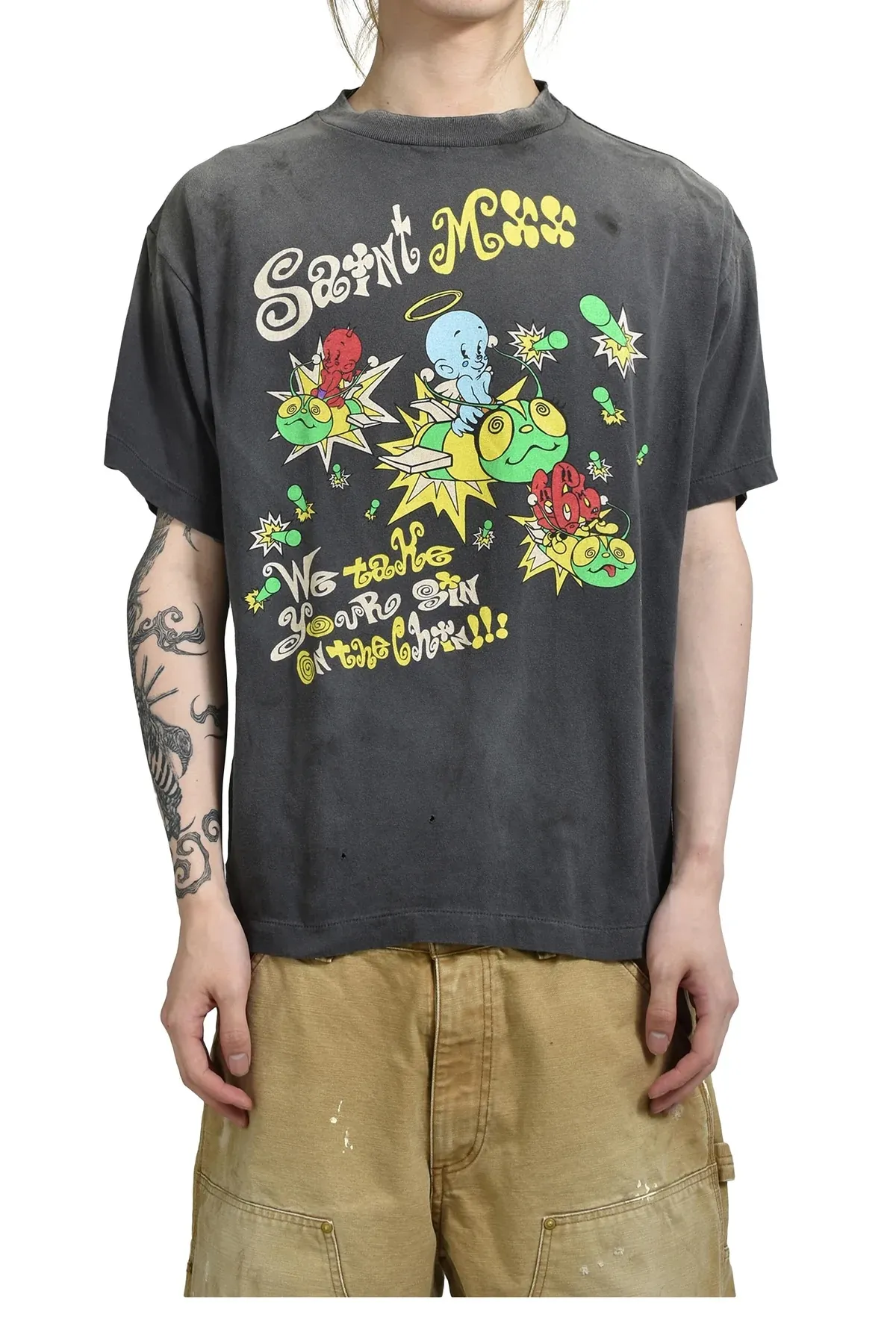 SAINT Mxxxxxx SS TEE/SAINT MX6/BLK Little devil bee distressed TEE, washed black S-XL OE yarn tube fabric, no side seams, Assute garment dyeing, heavy washing, water fading, old hole treatment, correct version, original consistent main mark/wash mark/cherub mark, original consistent printing restoration, distressed treatment, top purchasing agent level